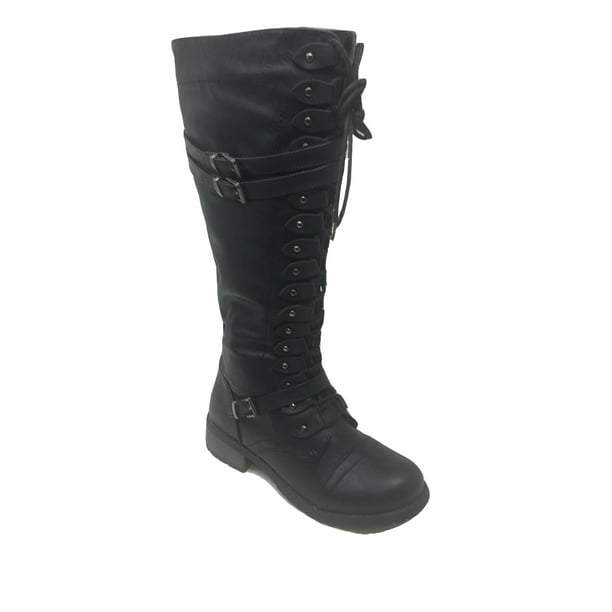 Womens Strappy Lace-Up Knee High Combat Stacked Heel Boot Round Toe Motorcycle Boots 